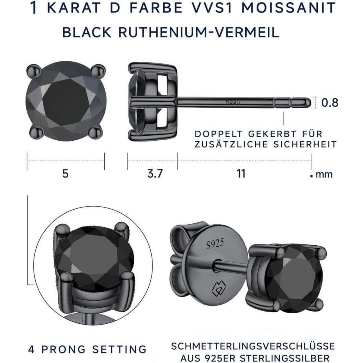 Schwarze Moissanite Ohrstecker 1 Karat 925 Silber Herren Damen