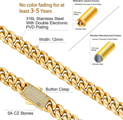 Herren Panzerkette Cuban Link Chain 12mm Gold Edelstahl 55.9cm Iced-18K Gold