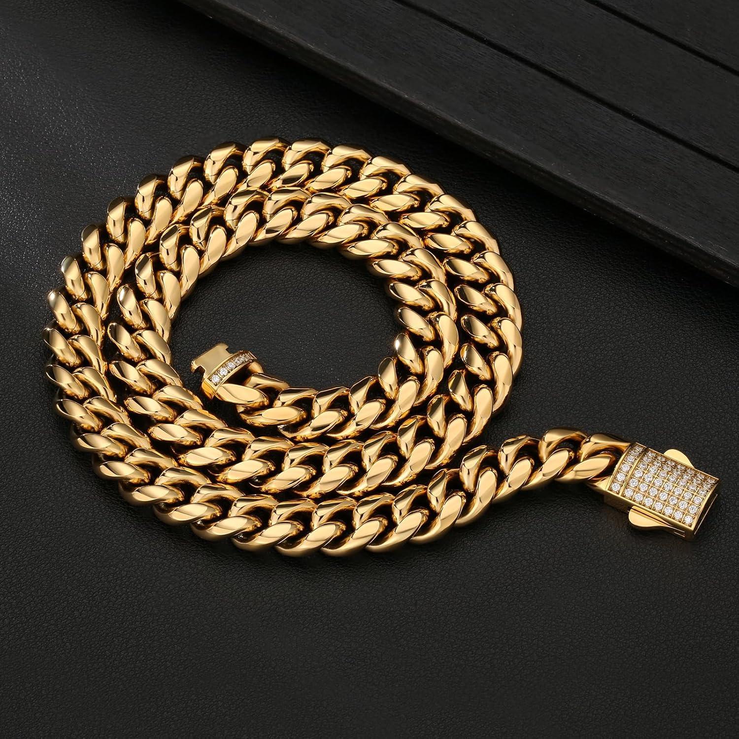 Herren Panzerkette Cuban Link Chain 12mm Gold Edelstahl 55.9cm Iced-18K Gold