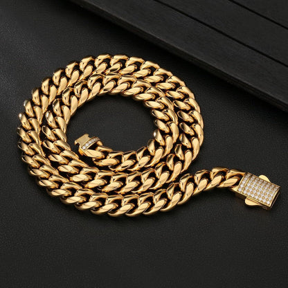Herren Panzerkette Cuban Link Chain 12mm Gold Edelstahl 55.9cm Iced-18K Gold