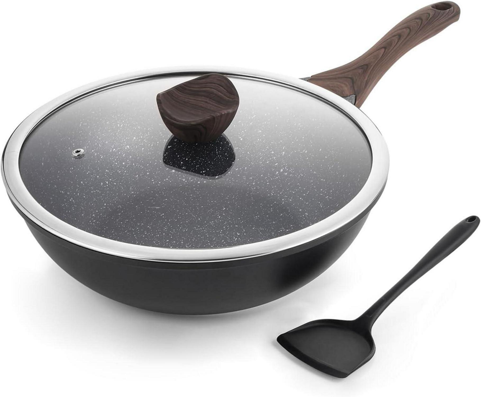 Antihaft Induktions-Wok: 30 cm, Steinoptik, Deckel, PFOA-frei