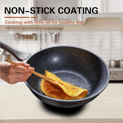 Antihaft Induktions-Wok: 30 cm, Steinoptik, Deckel, PFOA-frei