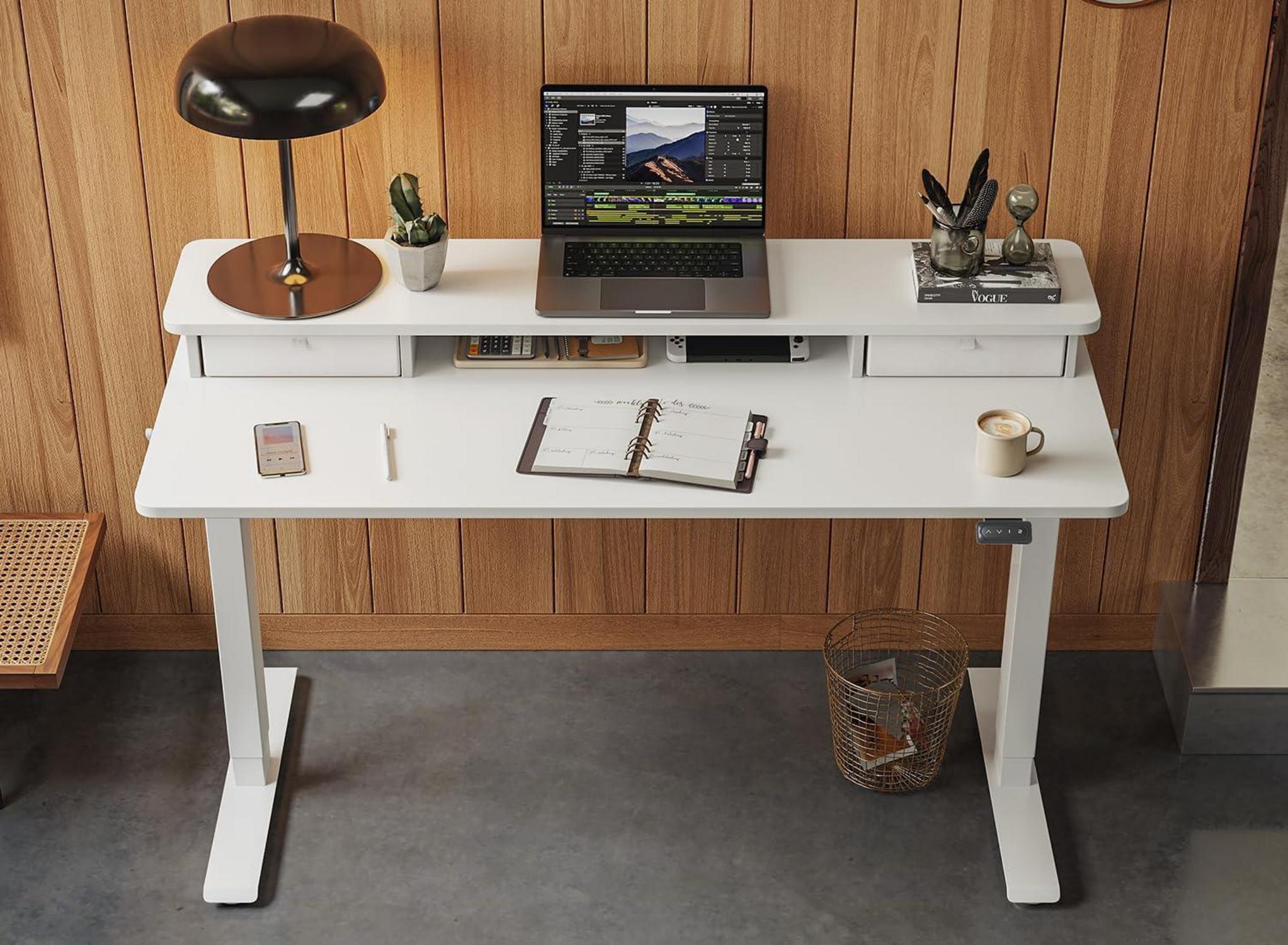 Höhenverstellbarer Elektrischer Stehtisch mit Doppelschublade 100 x 60 cm Weißer Rahmen/Weiße Oberfläche