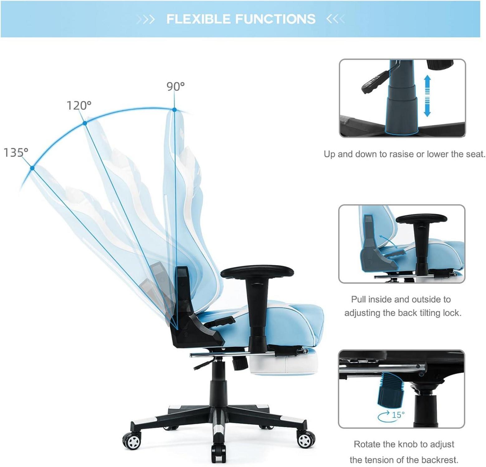 Gaming Stuhl Ergonomischer Bürostuhl mit Fußstütze hellblau