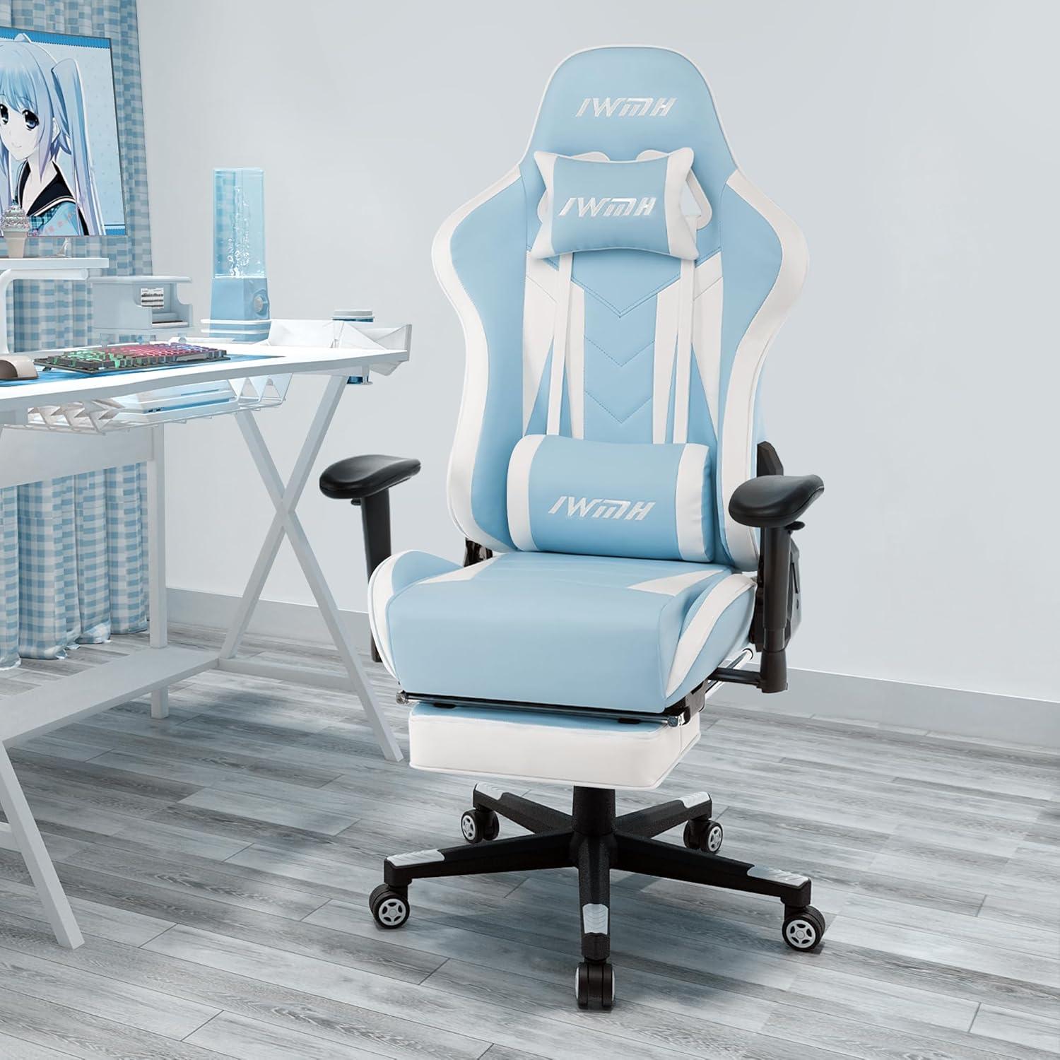 Ergonomischer Gaming Stuhl mit Fußstütze und Lendenstütze in Hellblau