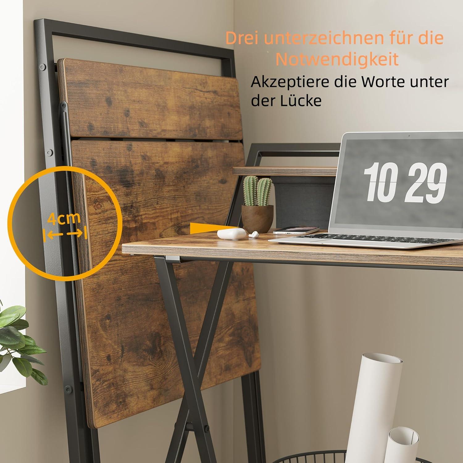 Kleiner klappbarer Schreibtisch mit Regal Aufbewahrung Braun 60cm