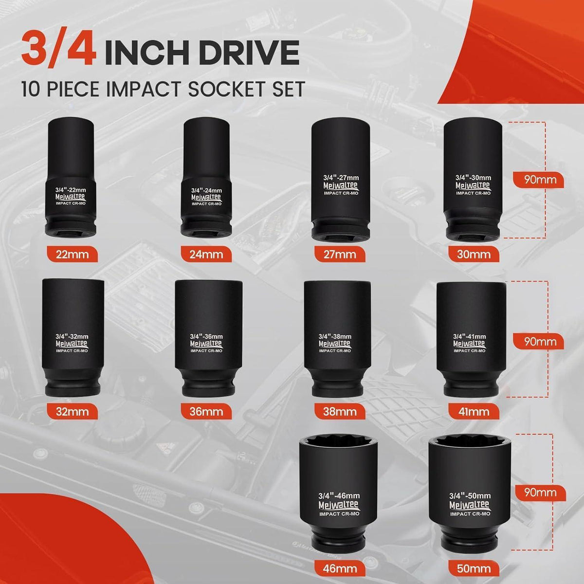 3/4" Tief Schlagschrauber Nüsse Set Metrisch 22-50mm 10-teilig Cr-Mo Stahl