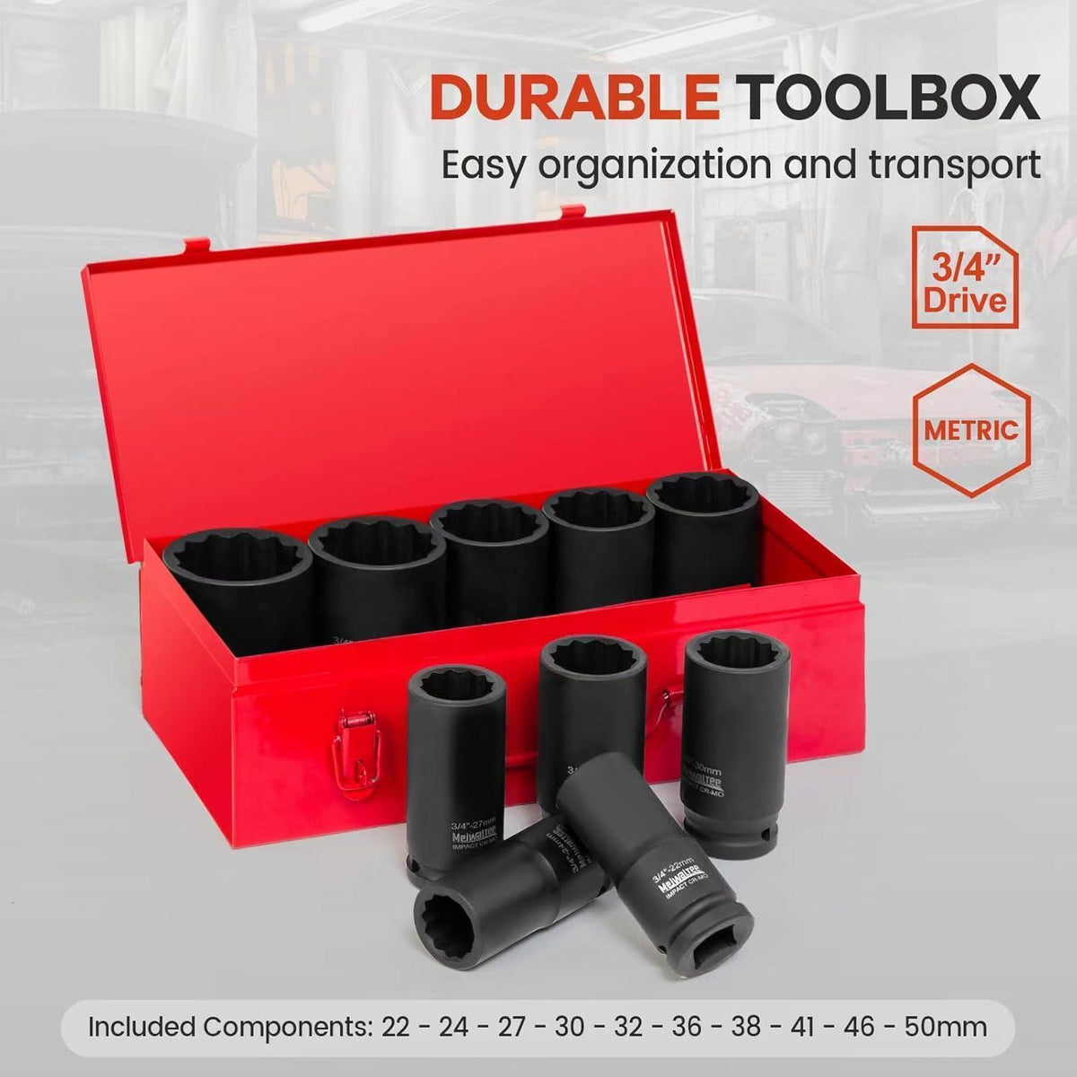 3/4" Tief Schlagschrauber Nüsse Set Metrisch 22-50mm 10-teilig Cr-Mo Stahl