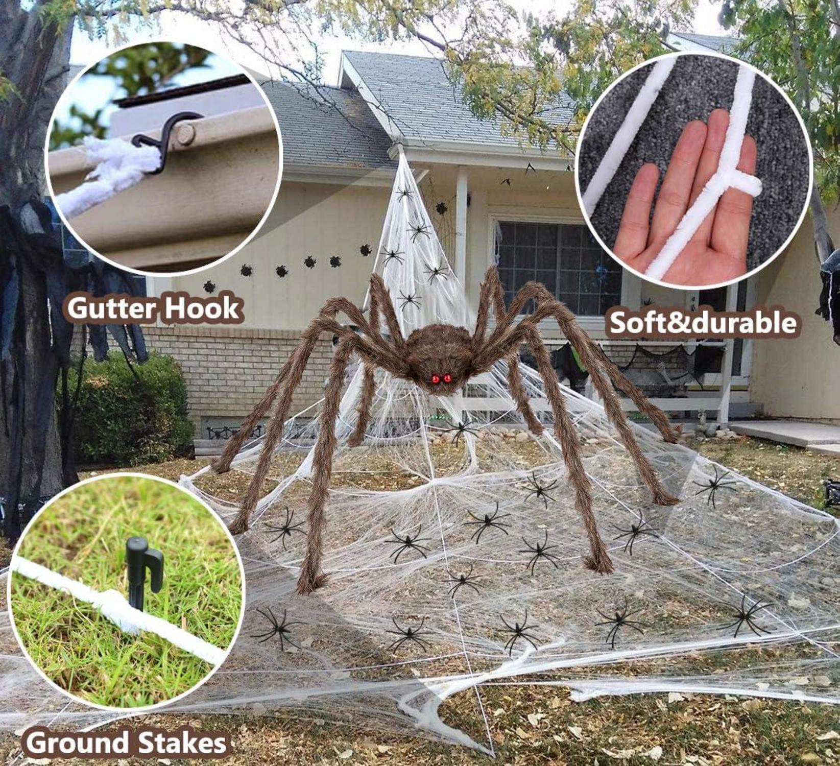 iZoeL XXL Halloween Deko Set: Riesiges Spinnennetz, 200cm Spinne, Spinnweben, 30 Mini Spinnen