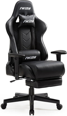Gaming Stuhl, Ergonomisch, mit Fußstütze, Lendenstütze, Schwarz