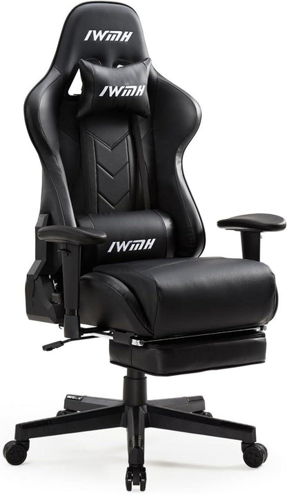 Gaming Stuhl, Ergonomisch, mit Fußstütze, Lendenstütze, Schwarz