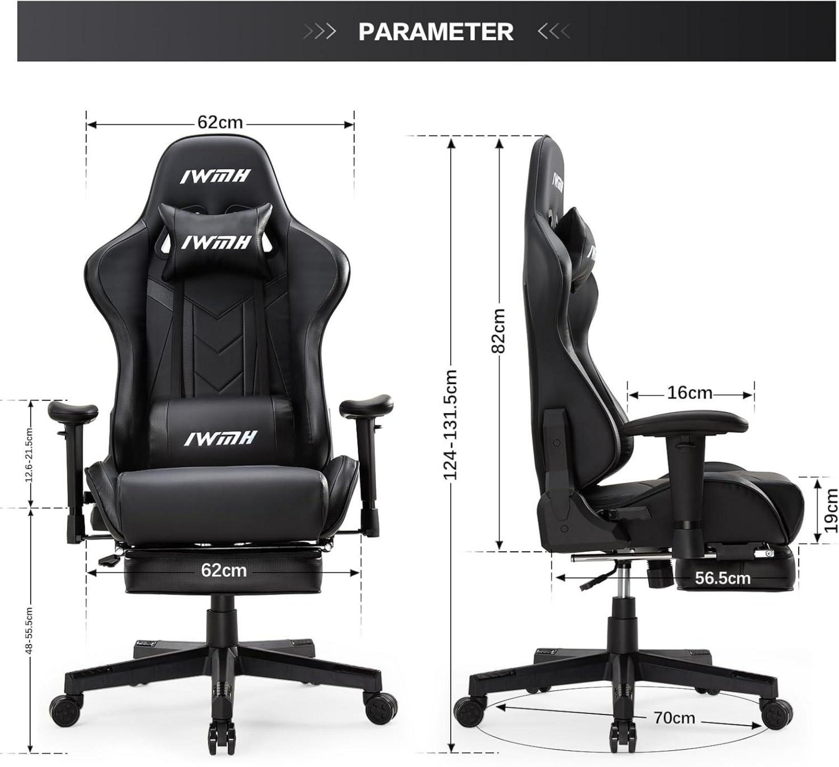 Gaming Stuhl, Ergonomisch, mit Fußstütze, Lendenstütze, Schwarz