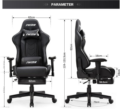 Gaming Stuhl, Ergonomisch, mit Fußstütze, Lendenstütze, Schwarz