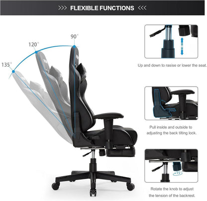 Ergonomischer Gaming Stuhl mit Fußstütze und verstellbarer Kopfstütze