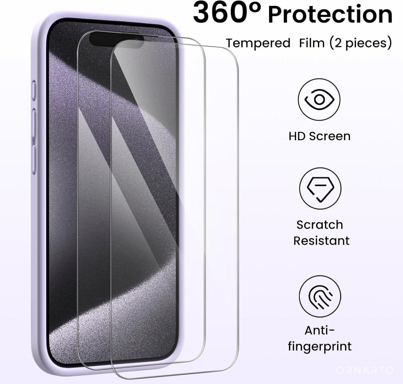 ORNARTO iPhone 15 Pro Hülle mit Kameraschutz, 2 Schutzfolien, flüssigem Silikon
