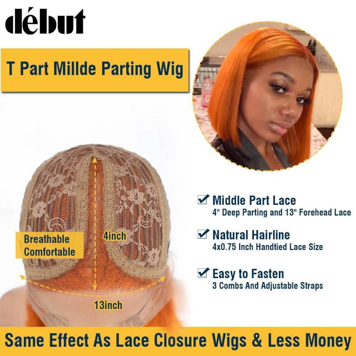 Orange Straight Bob Perücke Echthaar mit Lace Front 25cm