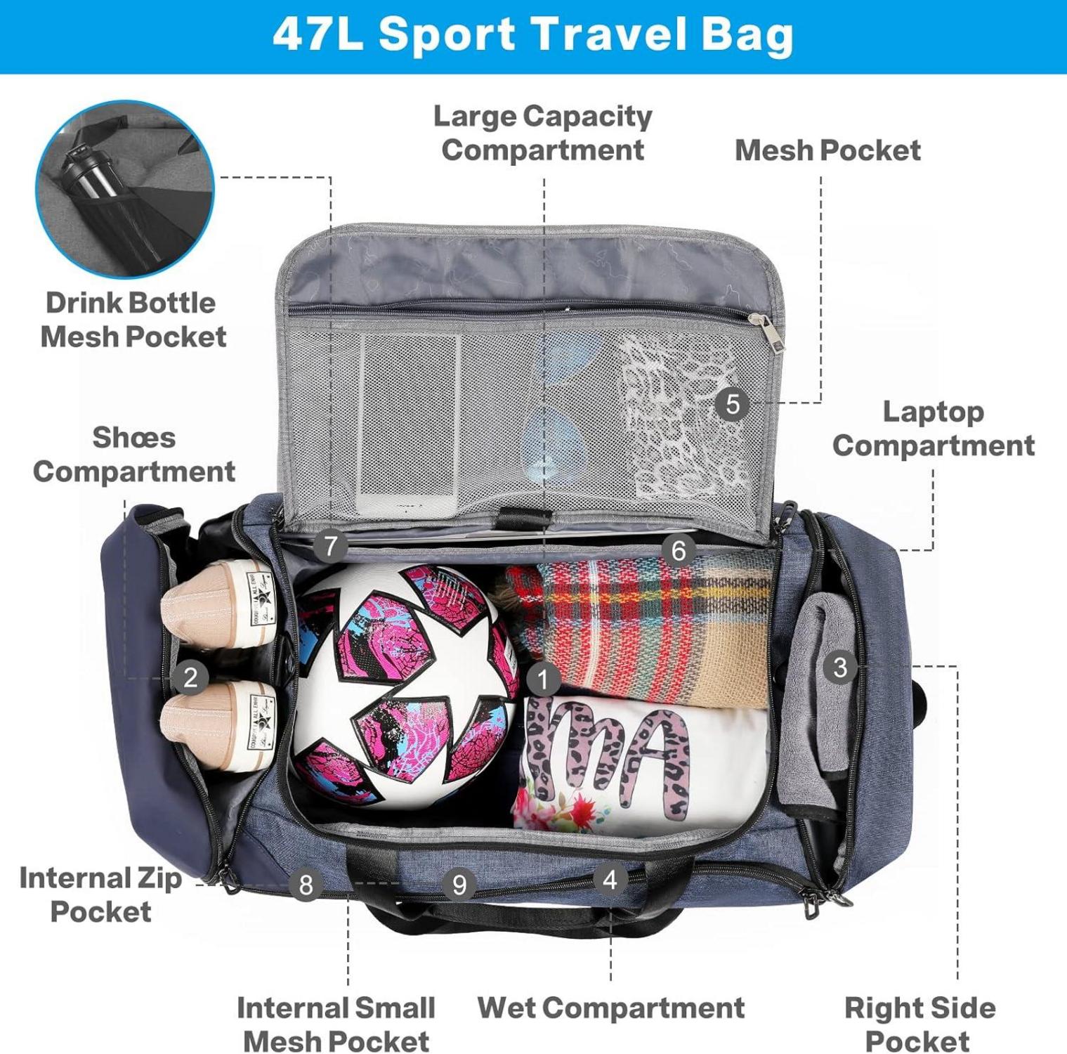 Sporttasche 47L Blau: Groß, mit Schuhfach, Nassfach, Reisetasche, Duffel, Fitnesstasche