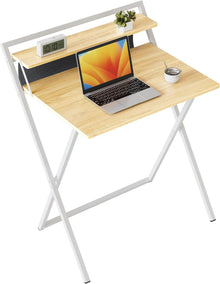 Kleiner klappbarer Computertisch mit Regal, Hellbraun