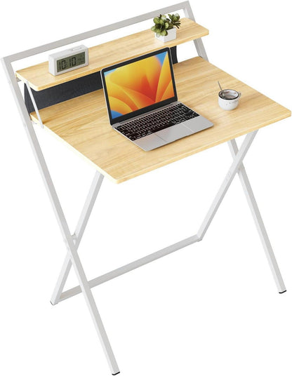 Kleiner klappbarer Computertisch mit Regal, Hellbraun