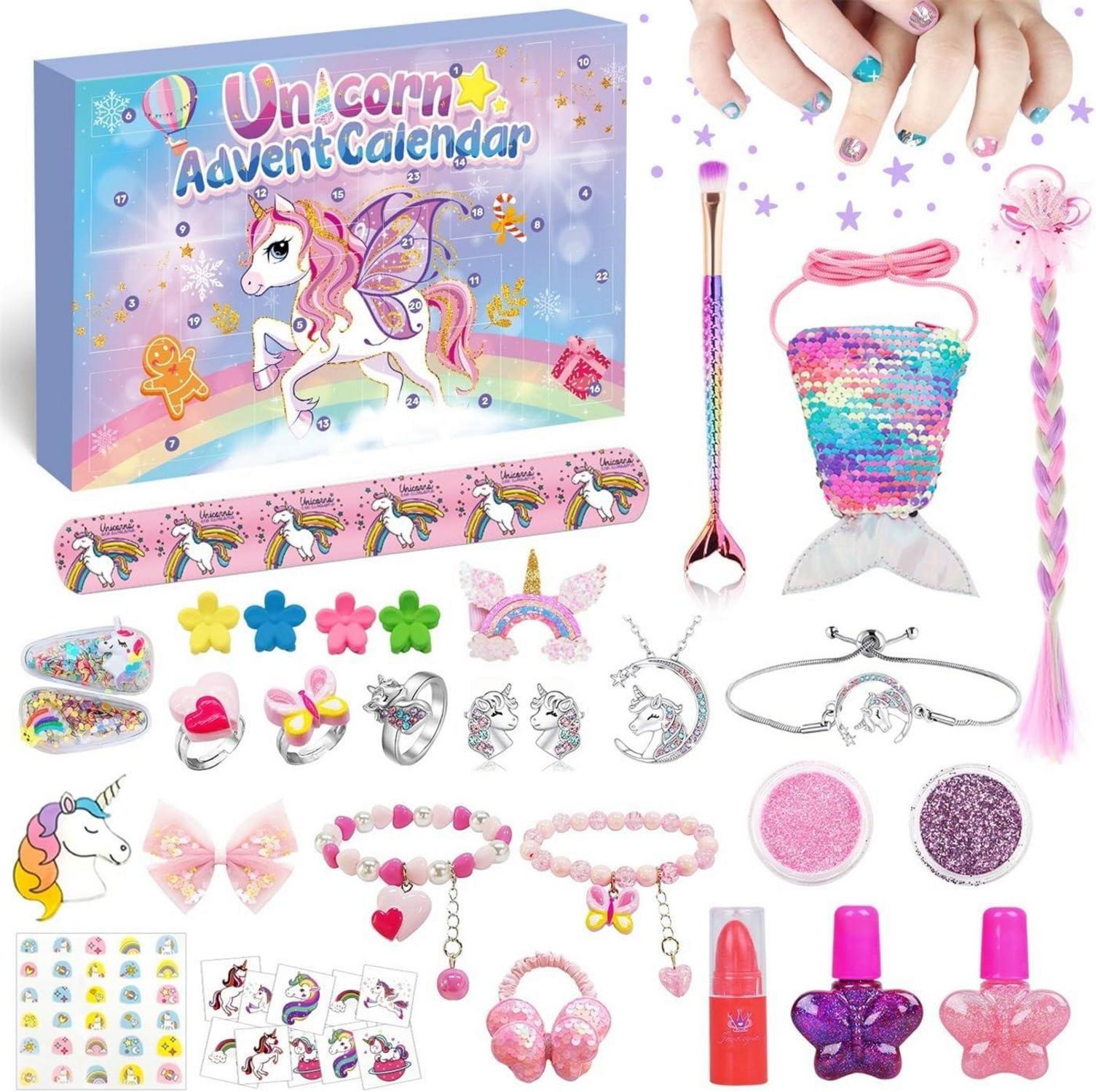 Adventskalender Einhorn Mädchen 2024 Schmuck Haarschmuck Tattoo 24 Füllungen