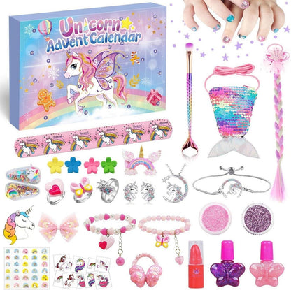 Adventskalender Einhorn Mädchen 2024 Schmuck Haarschmuck Tattoo 24 Füllungen