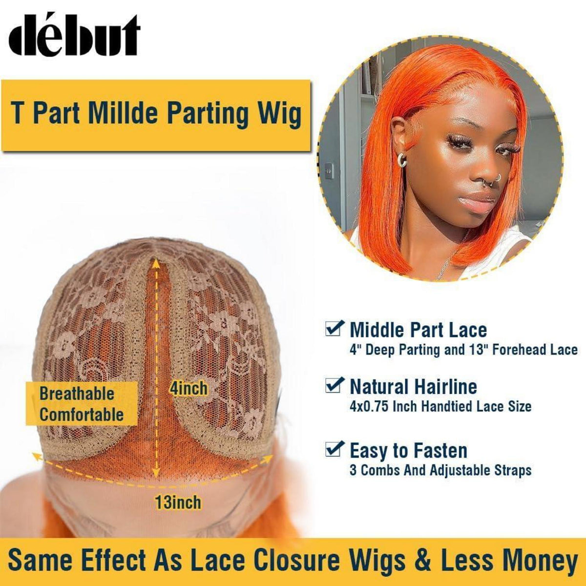 Orange Straight Bob Perücke Echthaar mit Lace Front 20cm
