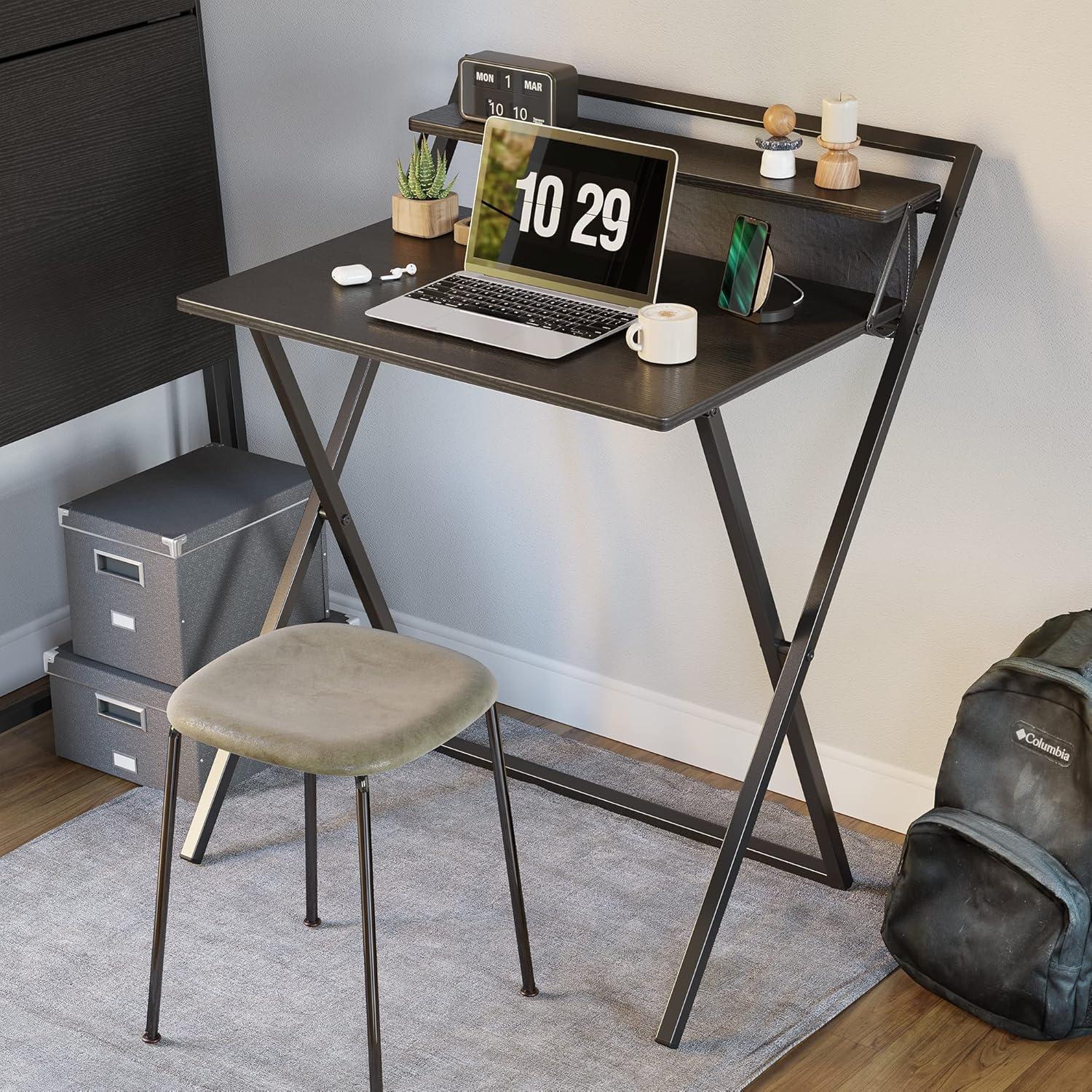 Kleiner klappbarer Schreibtisch mit Regal, schwarz 70x60cm