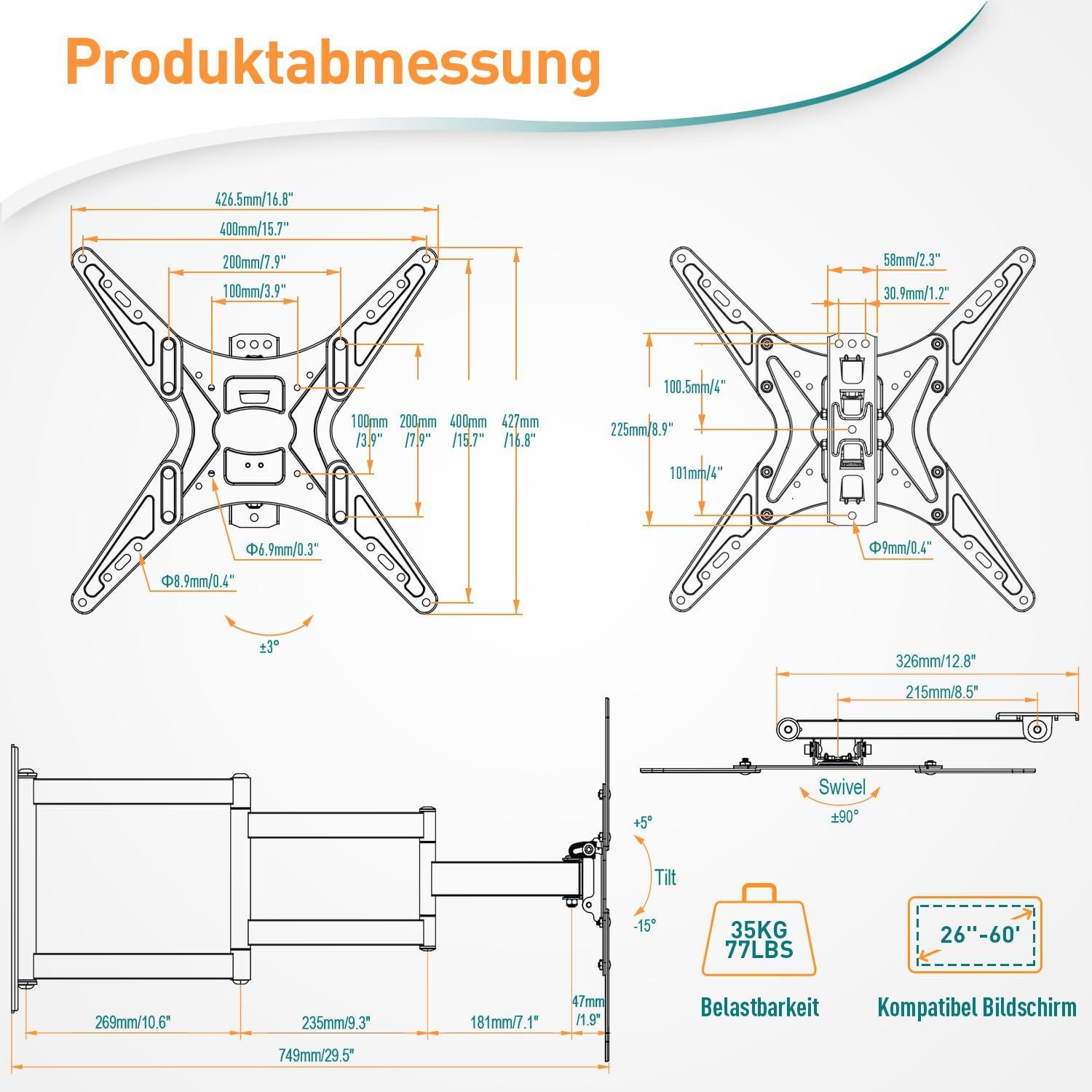 TV Wandhalterung Langarm 26-60 Zoll Fernseher Eckhalterung 749mm, VESA 400x400mm, bis 35KG