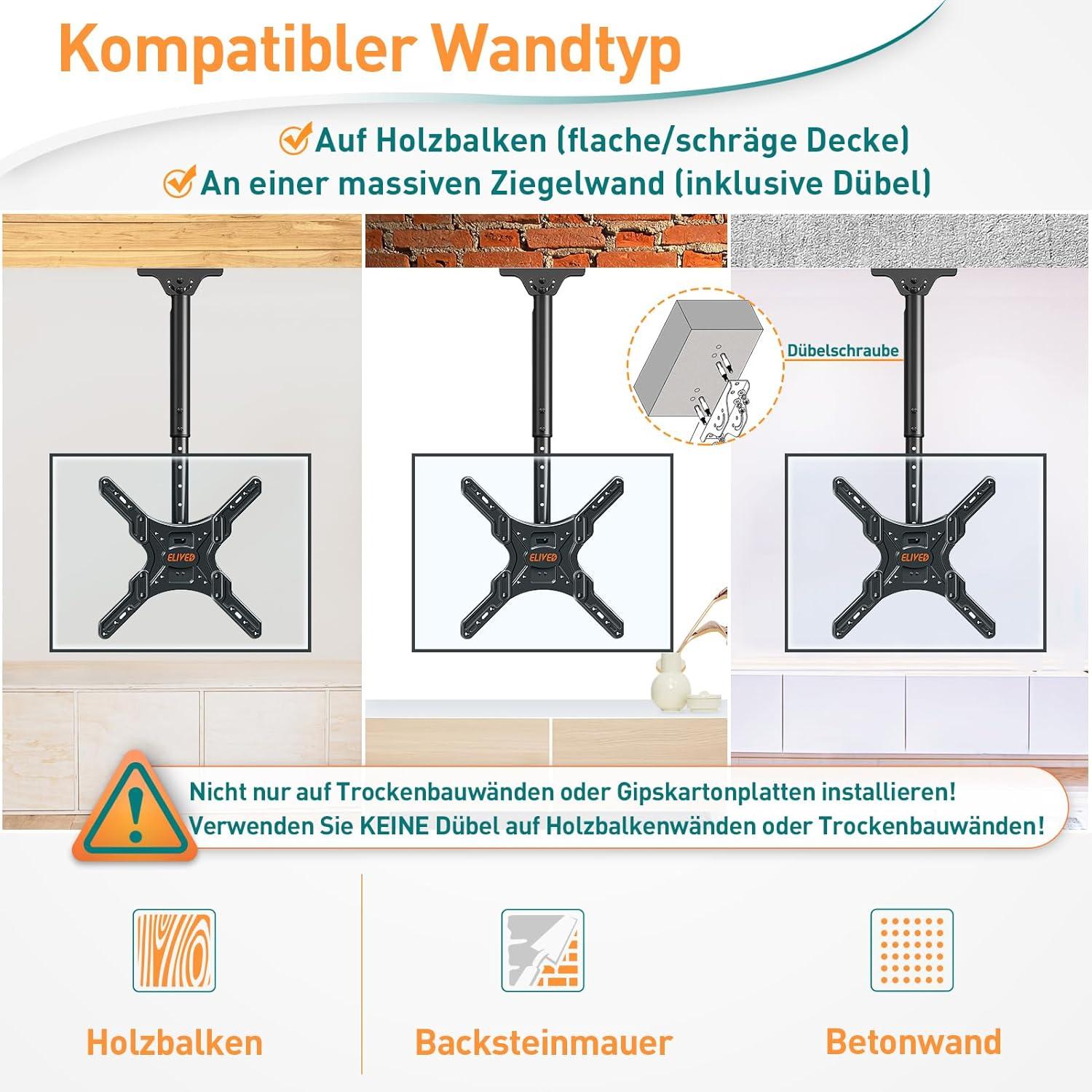 TV Deckenhalterung für 24-65 Zoll Flach Curved Fernseher bis 45KG VESA 400x400mm