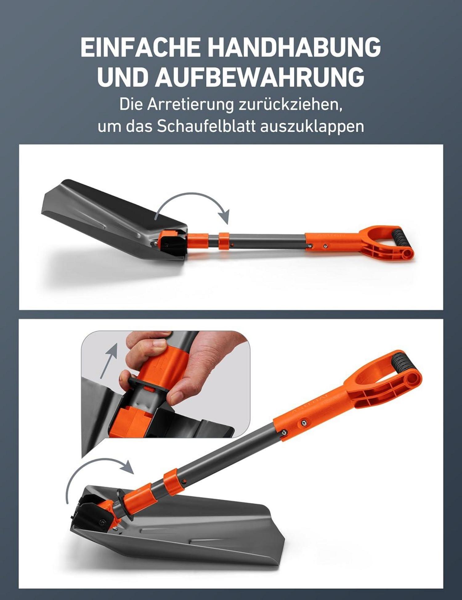 AstroAI ausziehbare Schneeschaufel mit verstärktem Aluminiumgriff und Eisenscharnier, tragbar und multifunktional
