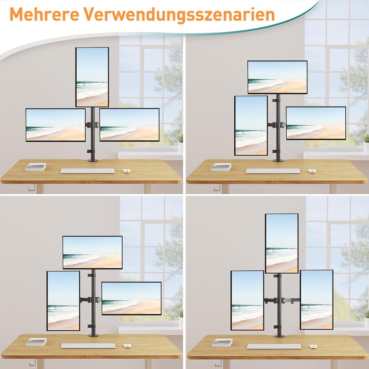 Monitor Halterung für 3 Monitore 17-32 Zoll, Höhenverstellbar, 360°, 8kg pro Arm, VESA 75/100mm