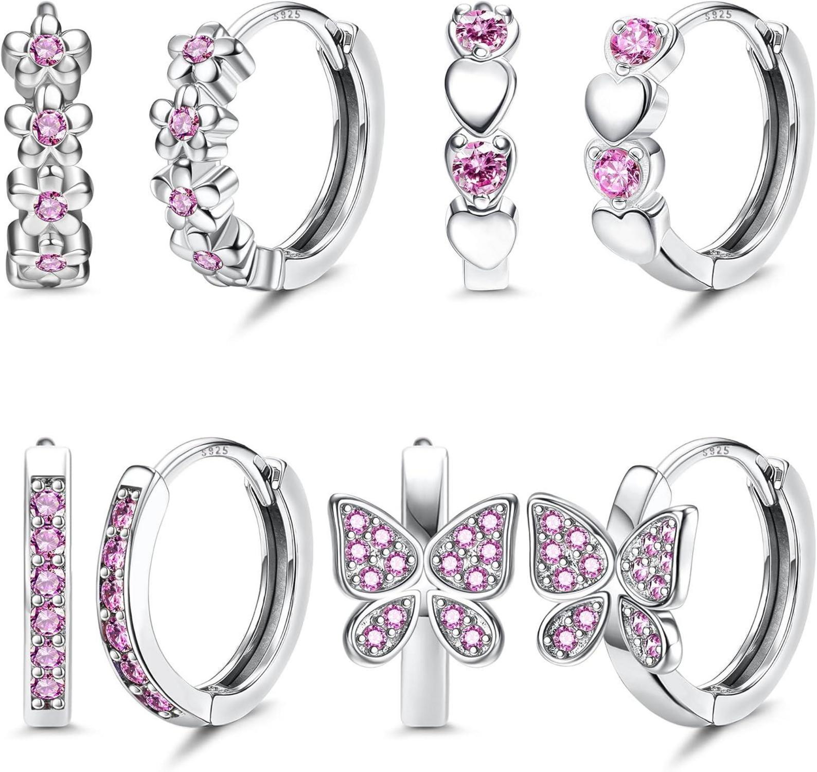 Kleine Silber Creolen Set Zirkonia Schmetterling Herz Blumen Mädchen