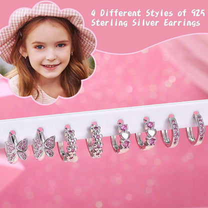 Kleine hypoallergene Mädchen Creolen Set Silber 925 Zirkonia Schmetterling Herz Blumen - Rosa Blau Lila Bunt