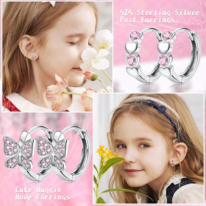 Kleine Silber Creolen Set Mädchen 925 Zirkonia Herz Blumen Kit