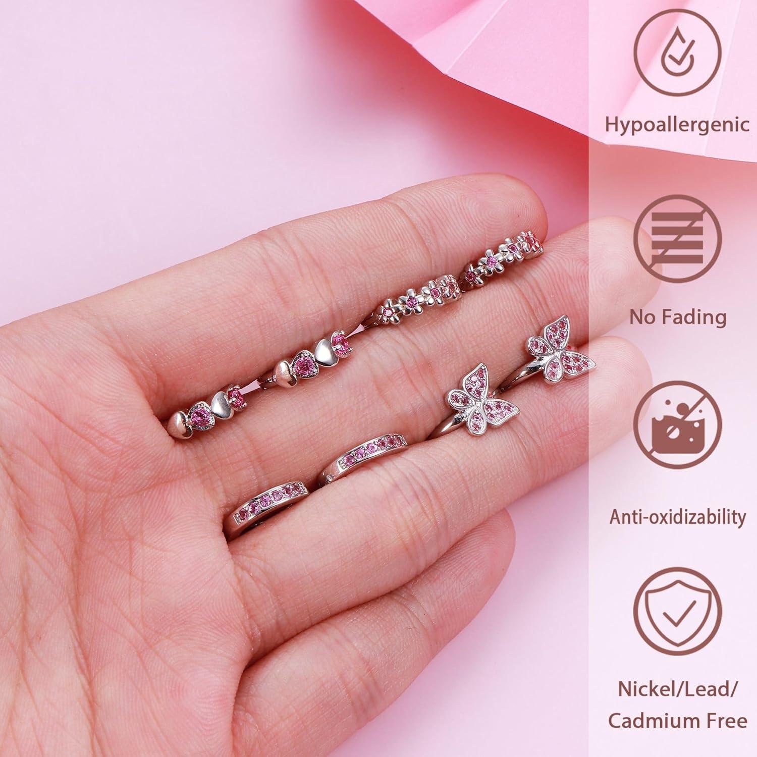 Kleine Silber Creolen Set Mädchen 925 Zirkonia Herz Blumen Kit