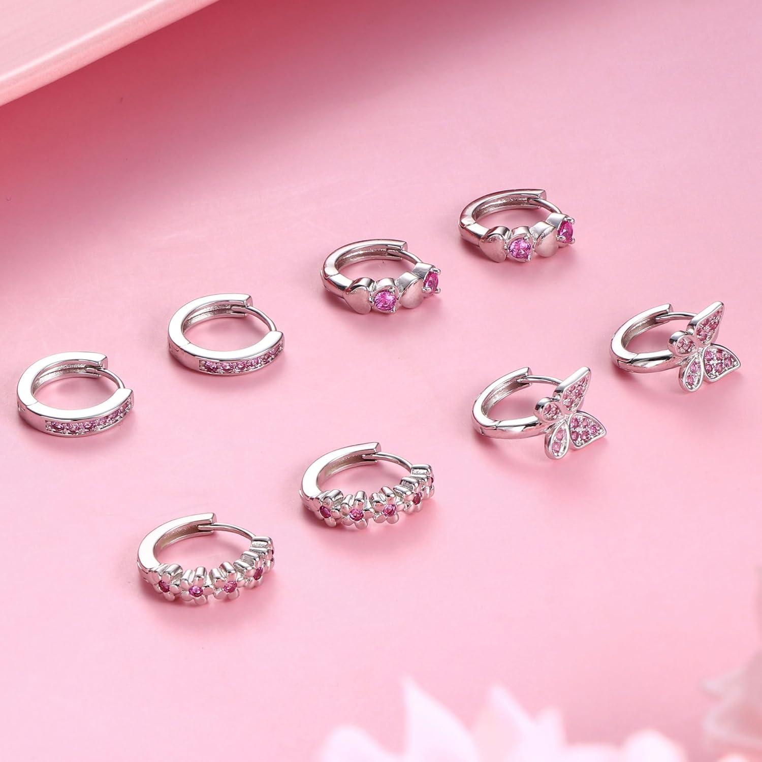Kleine hypoallergene Mädchen Creolen Set Silber 925 Zirkonia Schmetterling Herz Blumen - Rosa Blau Lila Bunt