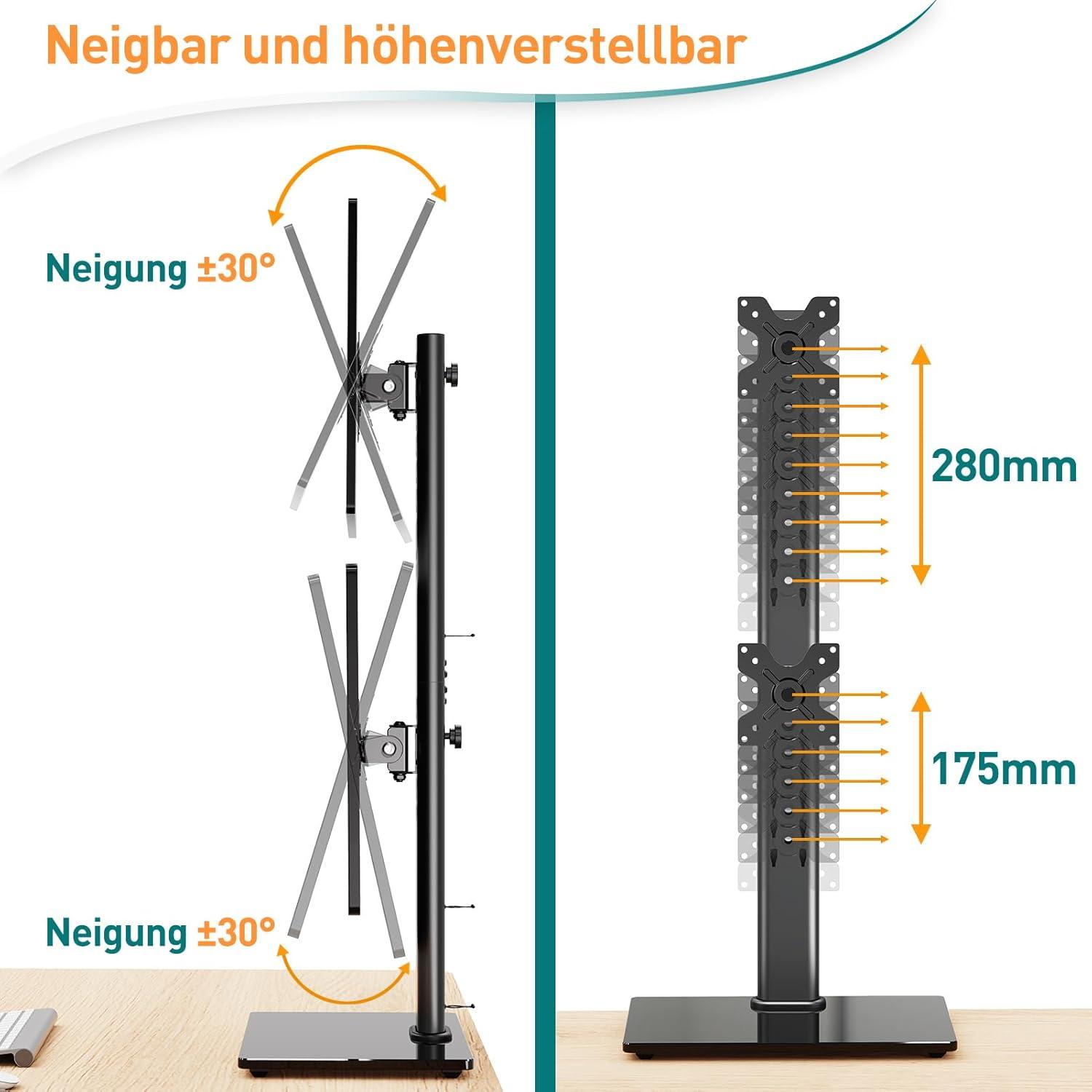 Vertikale Dual Monitor Ständer für 32 Zoll Bildschirme, 10KG pro Monitor, höhenverstellbar & VESA 75/100mm