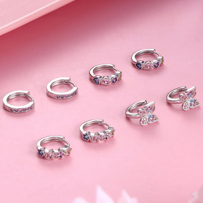Kleine Creolen Ohrringe Set Mädchen 925 Silber Zirkonia Hypoallergen Blumen Schmetterling Herz Kinder Pink Lila Blau Bunt
