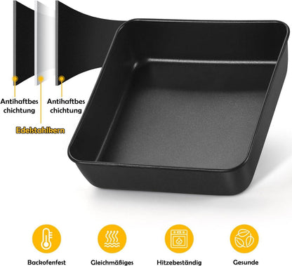TEAMFAR Quadratische Backform 21cm Edelstahl Antihaft & Deckel 5cm Brownie Kuchenform