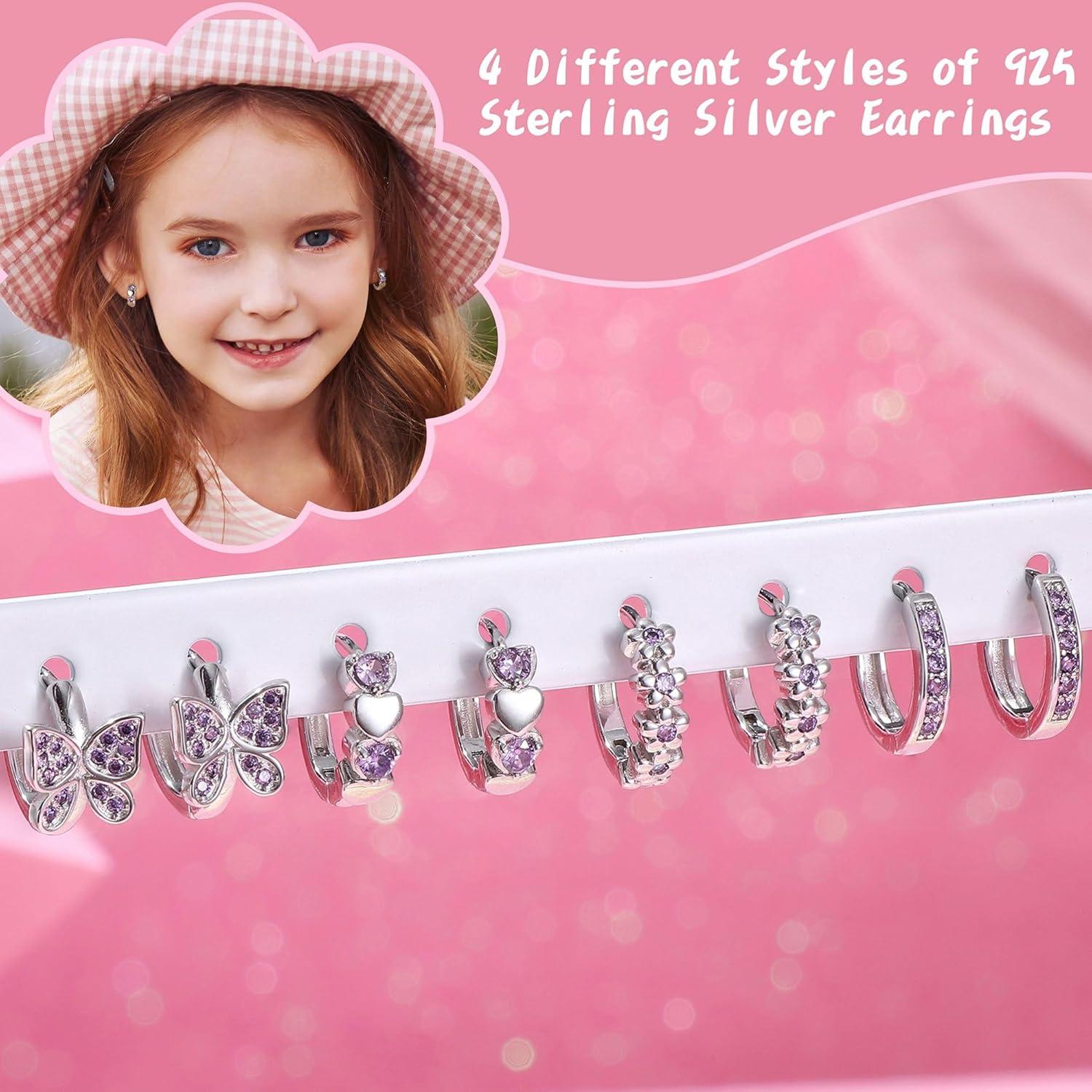 Creolen Ohrringe Set Mädchen 925 Silber Hypoallergen Zirkonia Herz Blumen 4 Paar