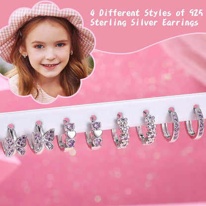 Creolen Ohrringe Set Mädchen 925 Silber Hypoallergen Zirkonia Herz Blumen 4 Paar