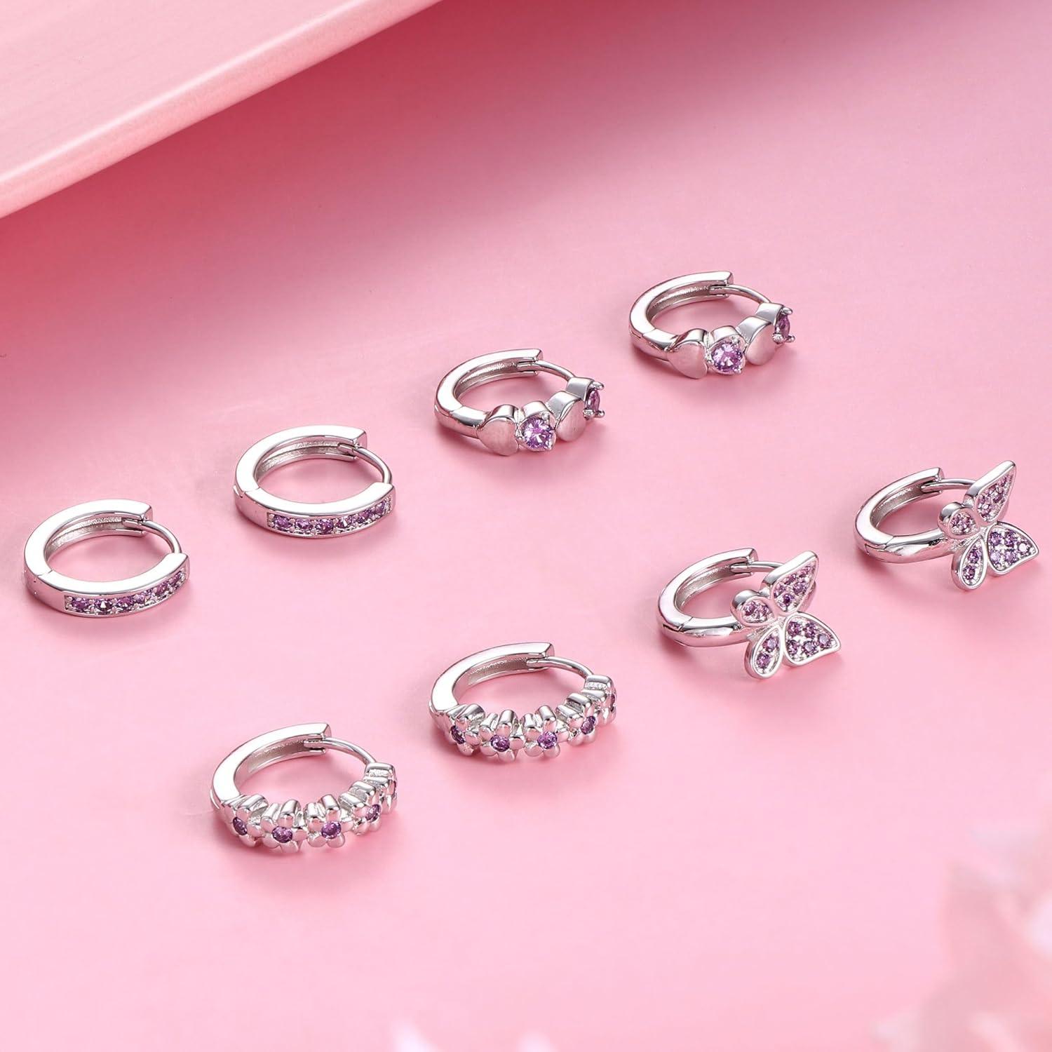 Creolen Ohrringe Set Mädchen 925 Silber Hypoallergen Zirkonia Herz Blumen 4 Paar