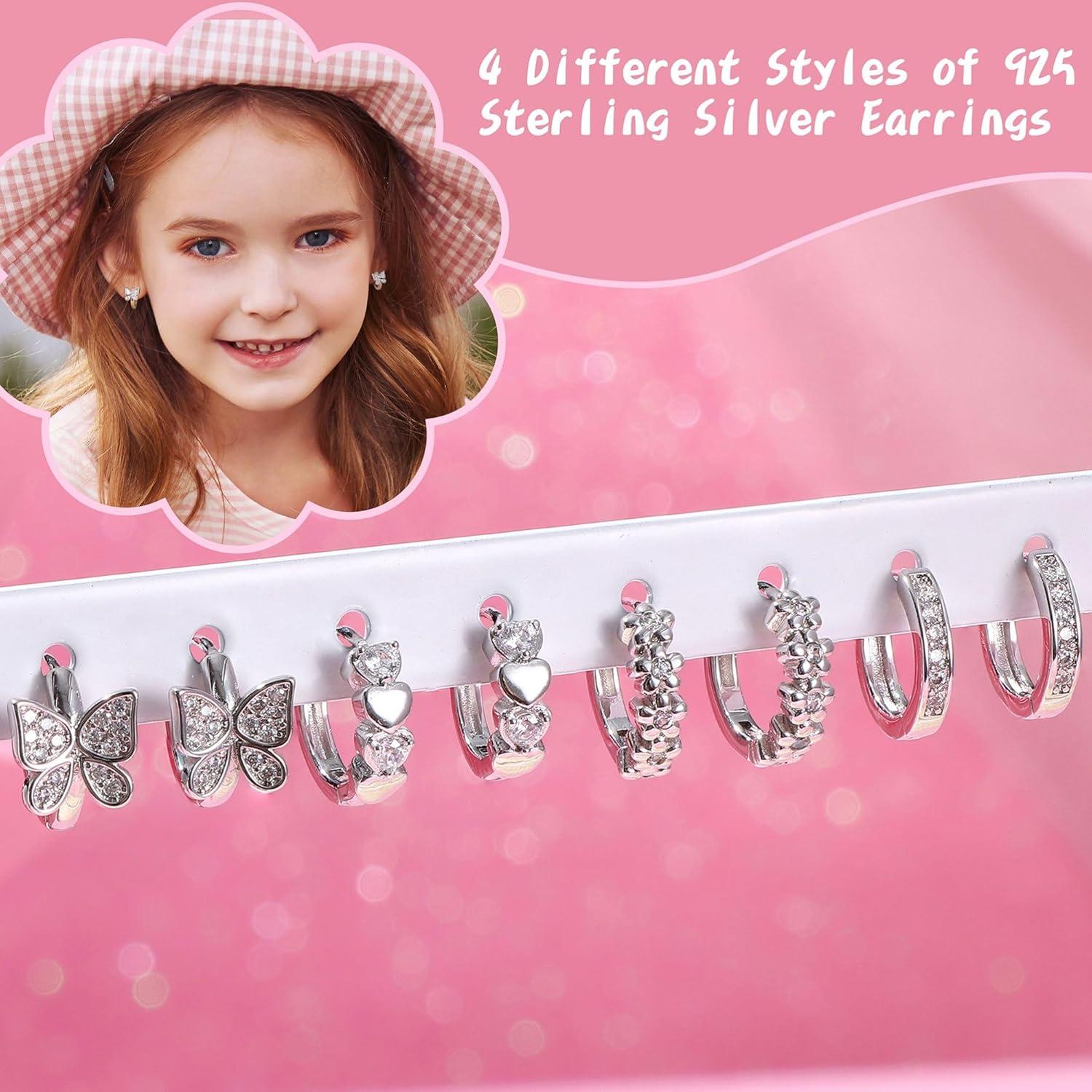 JeweBella Mädchen Ohrringe Set 925 Silber Creolen Schmetterling Herz Blumen 4 Paar