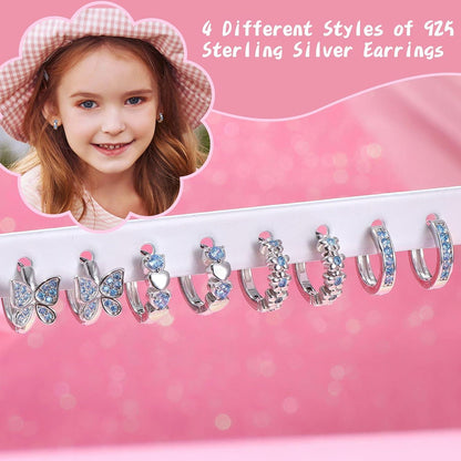 4 Paar Silber 925 Mädchen Kinder Creolen Set Zirkonia Herz Blumen Ohrringe
