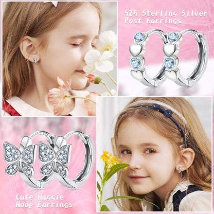 Kleine Silber Creolen Set Mädchen 925 Zirkonia Herz Schmetterling Blumen