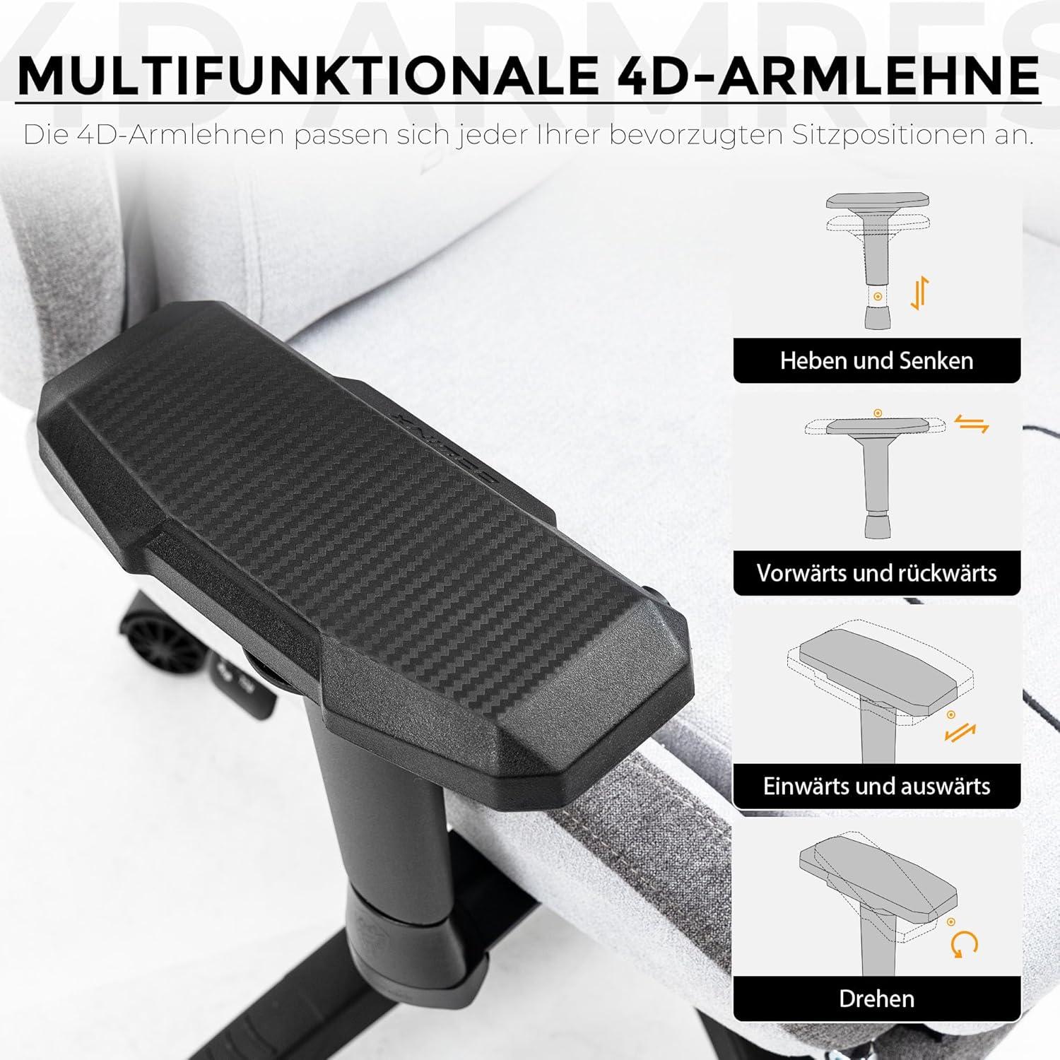Gaming Stuhl mit Massagefunktion, Armlehnen, Fußstützen XXL, Grau