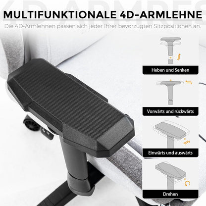 Gaming Stuhl mit Massagefunktion, Armlehnen, Fußstützen XXL, Grau