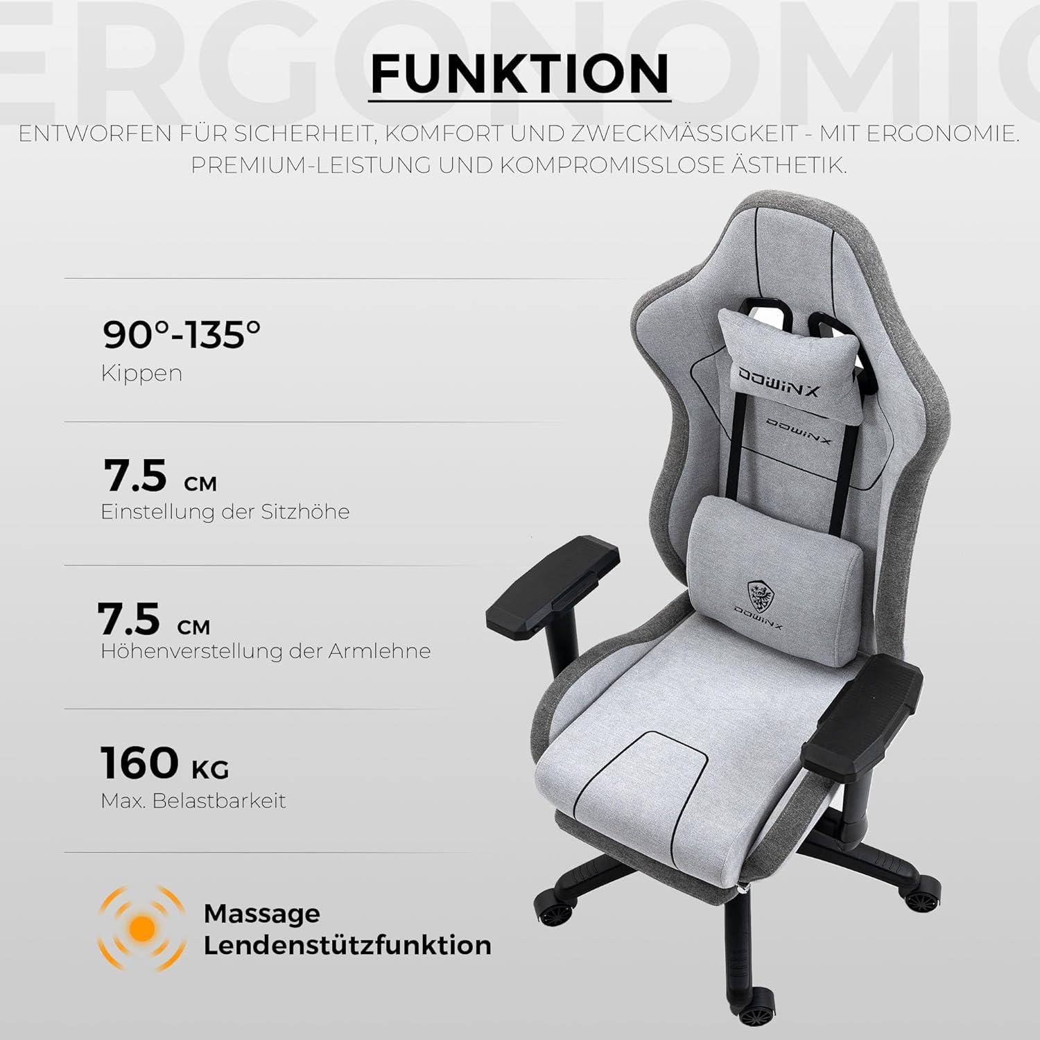Ergonomischer Gaming Stuhl mit Massagefunktion und 4D-Armlehnen XXL Grau