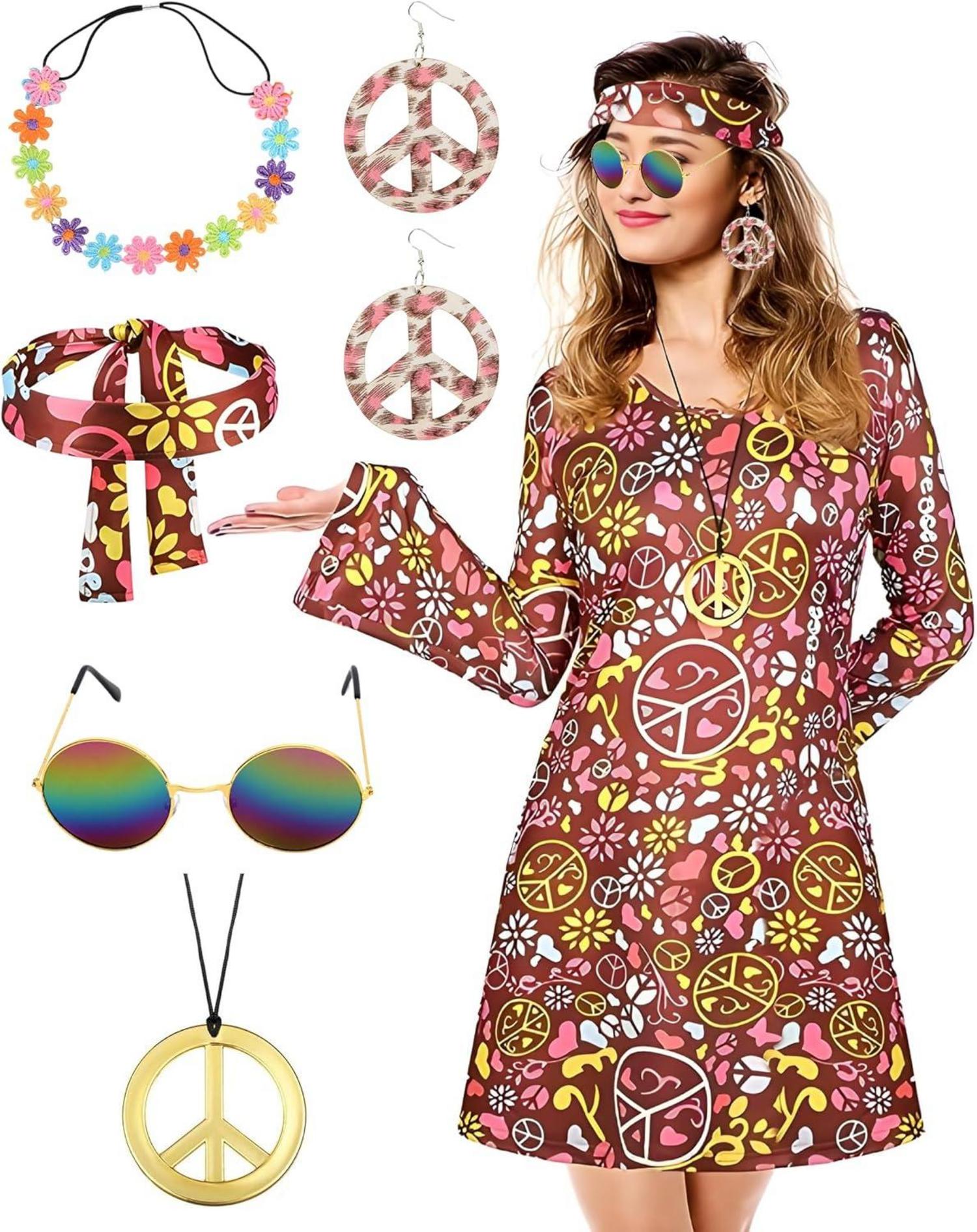 70er Jahre Hippie Kostüm Set mit Accessoires für Damen Disco Party