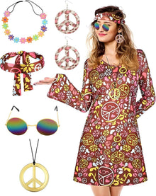 70er Jahre Hippie Kostüm Set mit Accessoires für Damen Disco Party